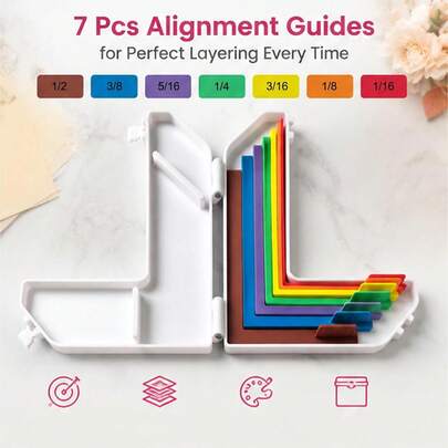 Juego de 7 piezas de guía de alineación de manualidades de papel con estuche de almacenamiento, herramientas de espaciador de apilamiento de precisión para hacer tarjetas y scrapbooking. Reglas codificadas por colores con tamaños etiquetados, incrementos de medición de 1/16 a 1/2 pulgada