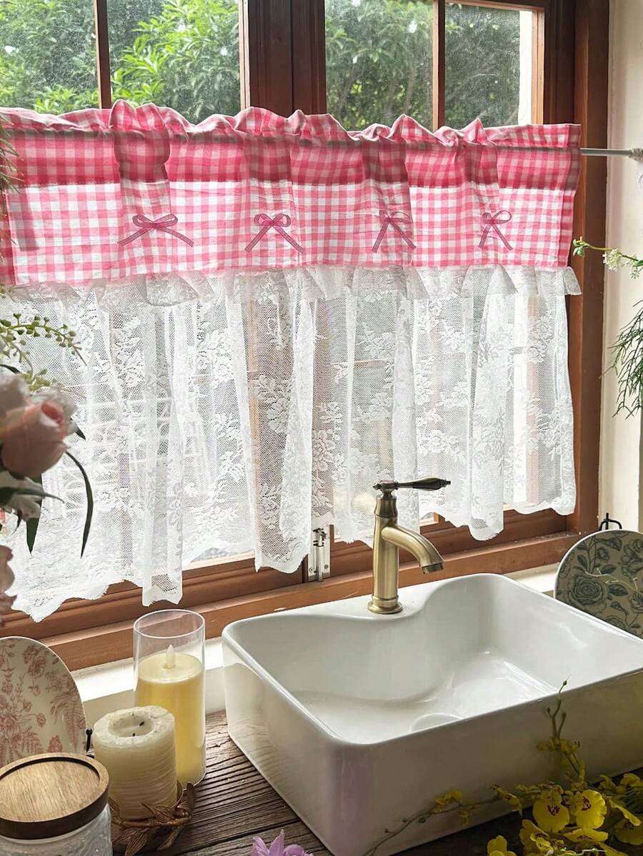 1pc French Bow Lace Patchwork Sheer Short Curtain, Rod Pocket Design, Suitable For Living Room, Bedroom, Balcony, Kitchen, Cabinet Cover, Garden, Gentle Home Decor