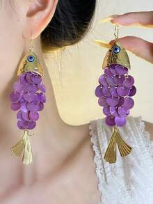 1 Pair Luxury Colorful Peacock Faux Crystal Earrings, Elegant Women's Solid Color Animal Dangle Earrings - Purple - View 1