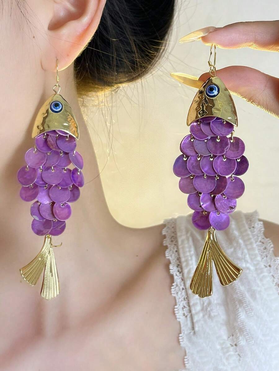 1 Pair Luxury Colorful Peacock Faux Crystal Earrings, Elegant Women's Solid Color Animal Dangle Earrings - Purple - View 1