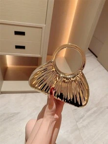 1件女款優雅百褶方型金屬晚宴手拿包，奢華亮面手鍊手柄手提包，迷人精緻正式派對包，適合情人節約會、舞會、生日派對、晚間聚會等場合 - 金色 - 查看 3