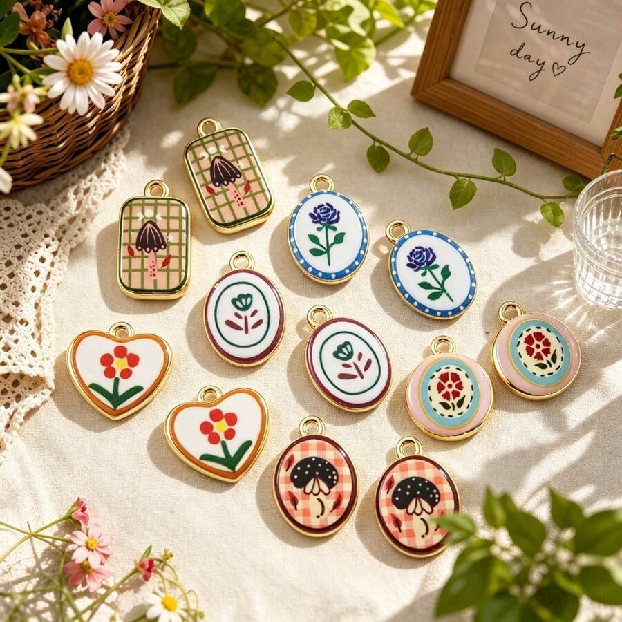 5/10pcs Zinc Alloy Double-Sided Charm Pendants, Rose, Small Flower, Polka Dot & Plaid Pattern Pendants, For DIY Jewelry Making, Necklace, Bracelet, Earring, Bag Chain, Keychain, Zipper Decor, Romantic Gift - Multicolor - View 1