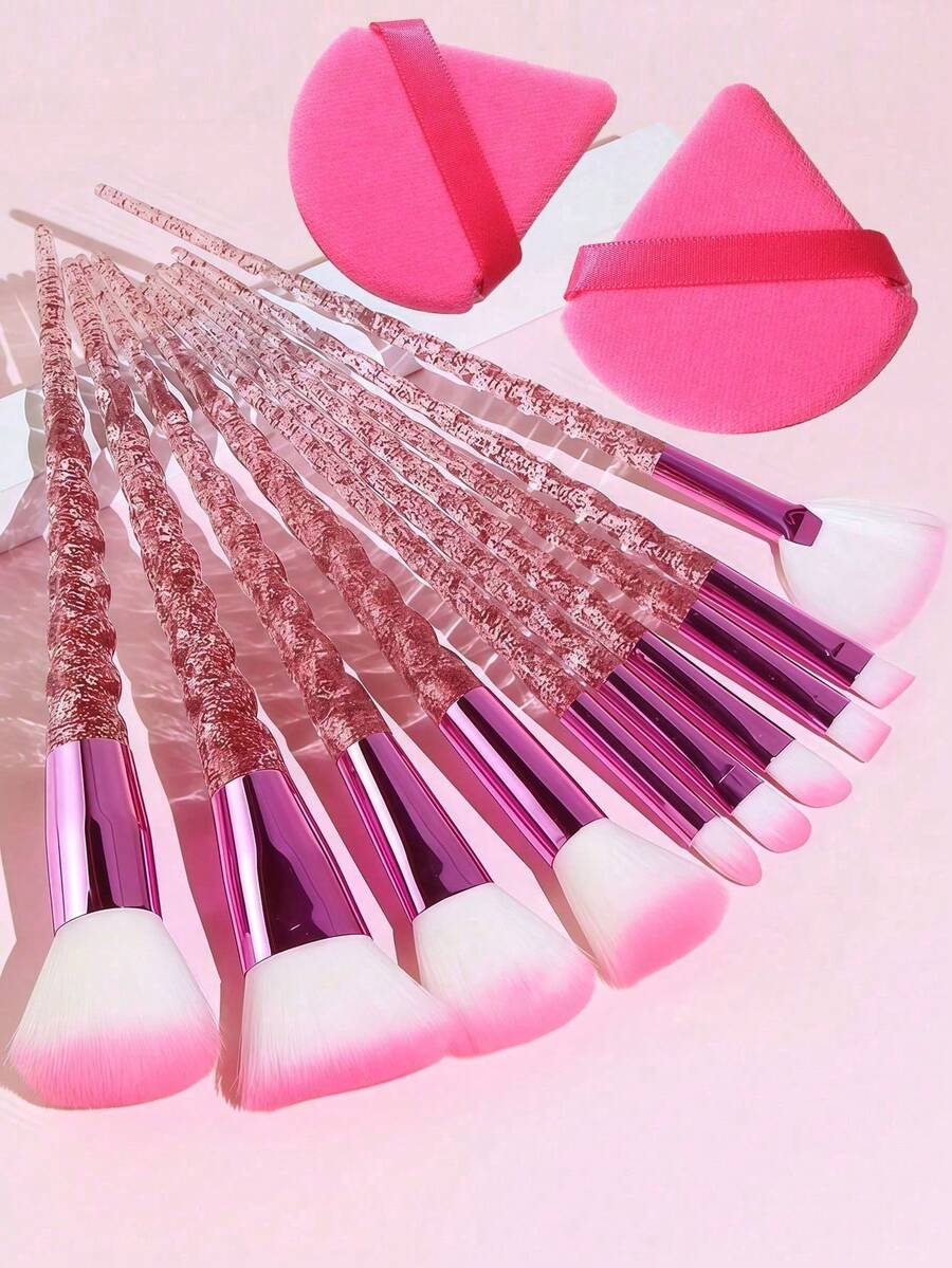 12pcs:10Pcs Pink Glitter Spiral Unicorn Makeup Brush Set With 2Pcs Triangle Powder Puff, Soft Gradient Bristles Foundation Blush Eyeshadow Concealer Brushes, Complete Cosmetic Tools Kit For Beginners & Makeup Lovers - Hot Pink - View 1