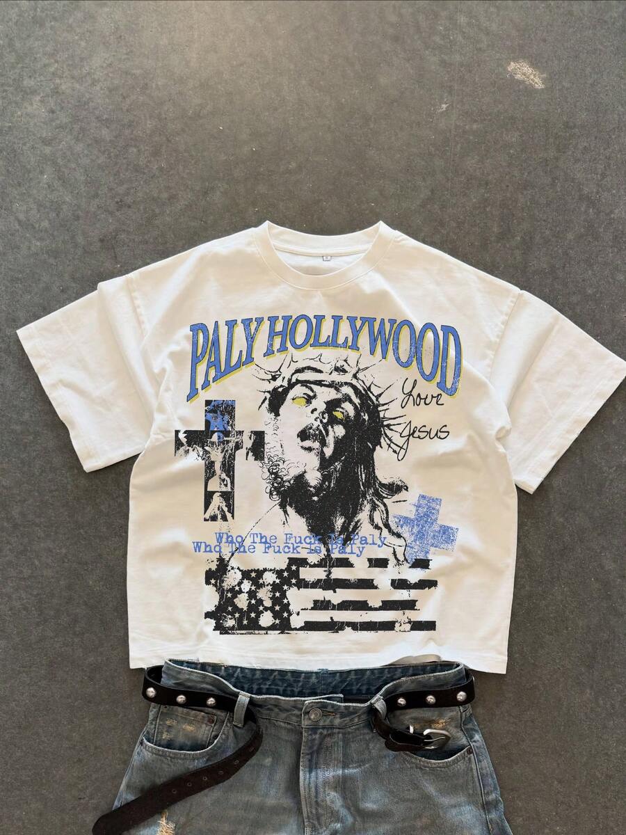 Men's Summer Short Letter & Hollow Print Round Neck Short Sleeve Loose Fit T-Shirt - White - View 1