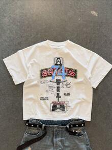 Men's Summer Boxy Short Wide Fashion Letter Hollow Print Crew Neck Short Sleeve Oversized T-Shirt - White - View 1