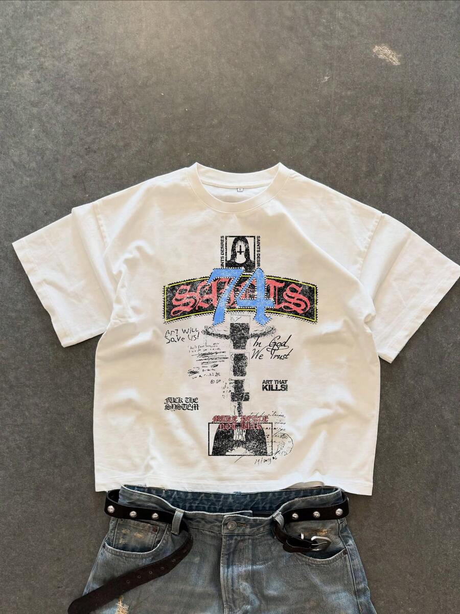 Men's Summer Boxy Short Wide Fashion Letter Hollow Print Crew Neck Short Sleeve Oversized T-Shirt - White - View 1
