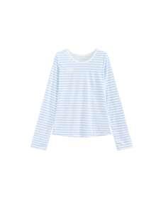 Kaos Lengan Panjang Bergaris Leher V Warna Biru Malas untuk Perlindungan Matahari Wanita, Atasan Penutup Tipis Longgar Musim Semi dan Musim Panas - Biru - View 4