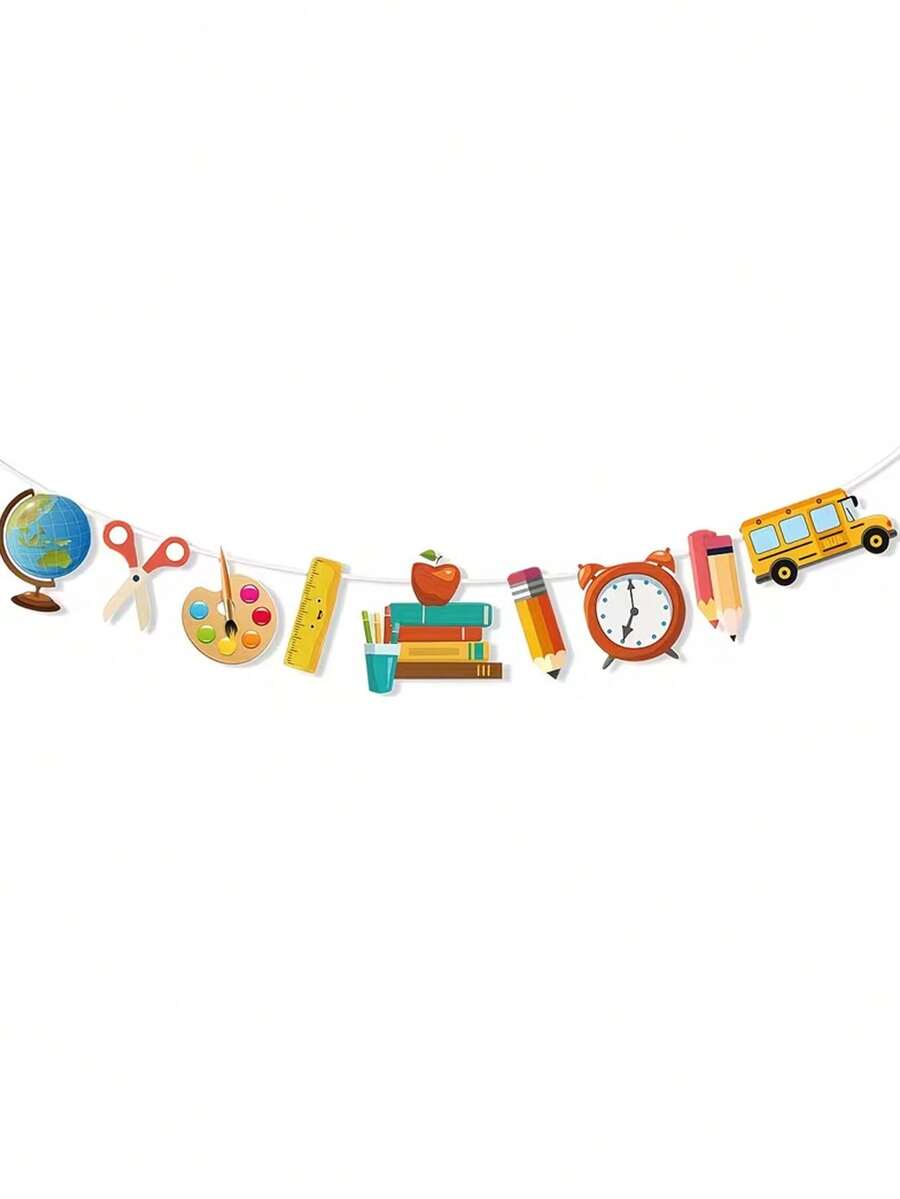 Back To School Party Garland, Stationery/School Bus/Globe/Palette/Pencil/Ruler/Alarm Clock Pattern, Back To School Decoration, Suitable For Back To School Party Decoration, Back To School Gift, Classroom Decoration