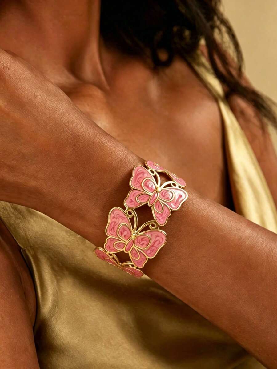 VceTd 1pc Romantic Style Colorful Enamel Butterfly Design Stainless Steel Open Bangle Bracelet For Women, Suitable For Weddings, Elegant Dates, Or Valentine's Day Gift For Loved Ones