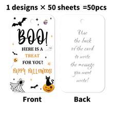 50pcs Halloween Boo Hanging Tags With Jute Rope, Pumpkin Black Cat Bat Spider Pattern, Halloween Party Candy Bag Gift Labels - A - View 2