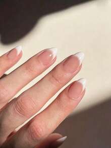 30pcs Short Almond White Ombre French Press-On Nails, Acrylic False Nail Set, Includes 1pc Jelly Glue And 1pc Nail File - White - View 9