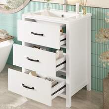 61 X 47 X 83 Cm, Freestanding Washbasin, Fully Lacquered, Three Drawers, Silent Sliding Rails, One-Piece Ceramic Basin, White. - White - View 2