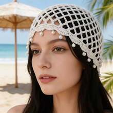 1pc Beach Casual Elegant Solid Color Faux Pearl Tassel Hollow Knit Sun Hat - Multicolor - View 6