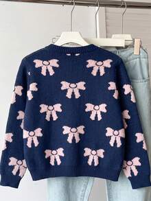 Teen Girls Deep Blue All-Over Print Bow Round Neck Cardigan, Spring/Autumn Short Loose Single-Breasted Casual Knit Top - Blue - View 6