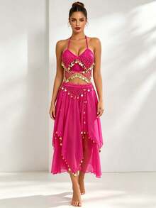 Bohemian Rhinestone Coin Halter Crop Top With Asymmetric Sheer Chiffon Skirt For Beach Vacations, Desert Festivals & Rave Outfits (Available In Multiple Colors) - Multicolor - View 18