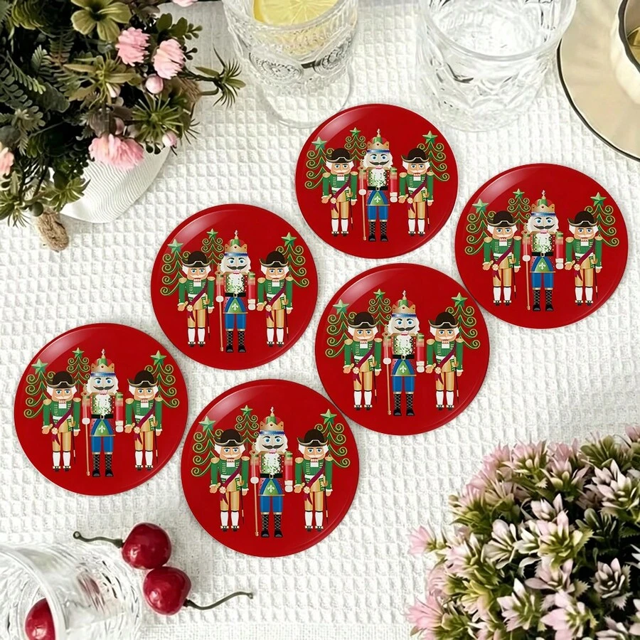 Merry Christmas PET Coasters, Christmas Elements Nutcracker Pattern Design Heat-Resistant Coasters, Washable, Affordable, Suitable For Event And Party Decorations, Table Centerpieces, Halloween, Christmas, Thanksgiving Holiday Decor - PET-329 - View 1