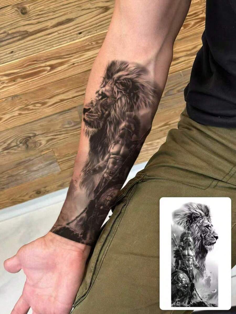 1張黑灰色逼真獅子斯巴達戰士臨時紋身貼紙,防水持久全臂套假紋身,男士前臂二頭肌手腕身體藝術貼紙 - 黑色 - 查看 1