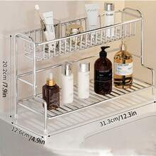 1 buah Rak Organizer Meja 2 Tingkat Stainless Steel dengan Kaki Anti Selip, Tempat Penyimpanan Tahan Karat untuk Bumbu Dapur & Perlengkapan Rias Kamar Mandi, Rak Meja Serbaguna Cocok untuk Asrama, Apartemen, Kamar Tidur, dan Kamar Mandi - MultiWarna - View 13