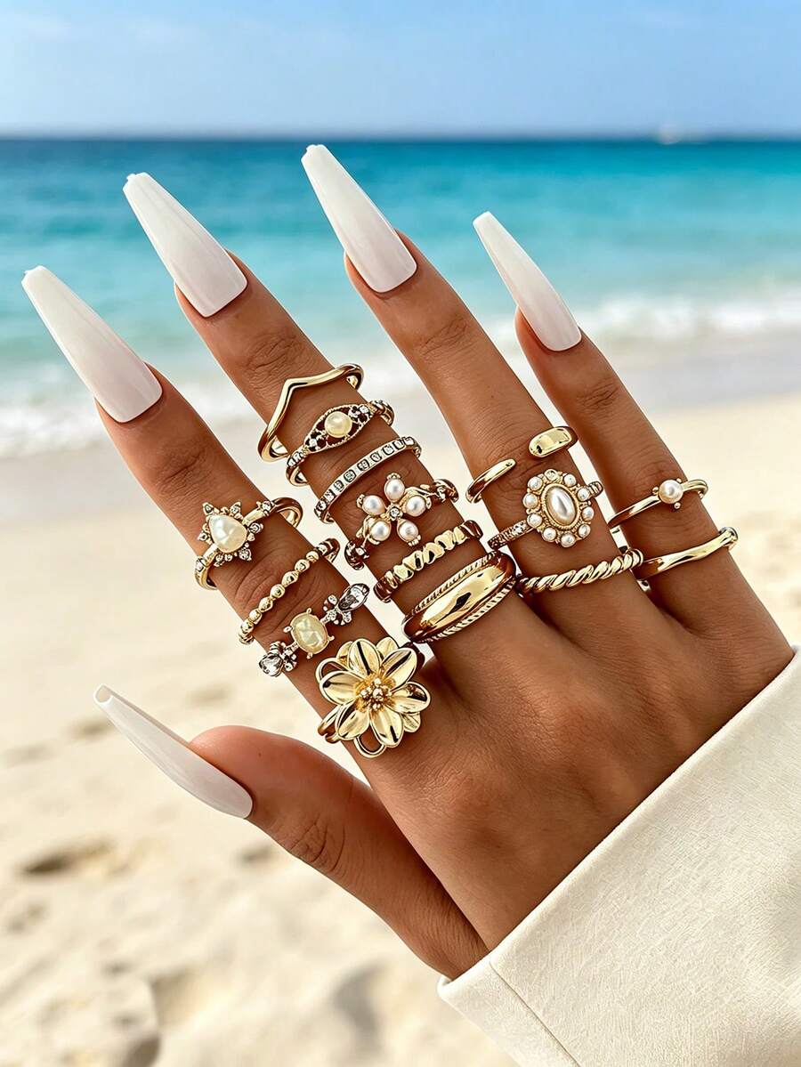15PCS French Vintage Palace Style Faux Pearl & Rhinestone Inlaid Rings, 3D Flower Distressed Gold Stackable Rings, Elegant Niche Hand Jewelry For Women, Suitable For Commute And Date - Gold - View 1