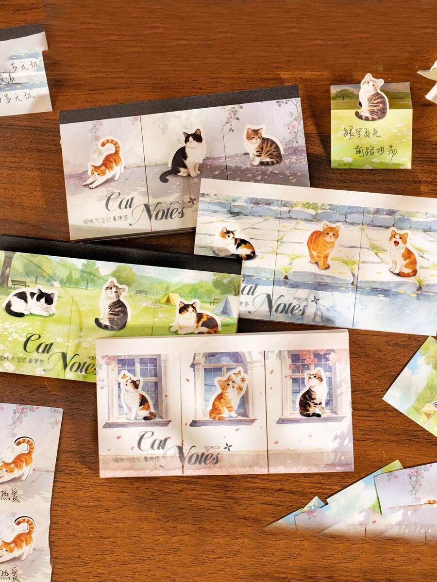 90 Hojas de Notas Adhesivas Retro de Gato Adecuadas para la Oficina - Bloc de Notas Adhesivas con Páginas de Cuadrícula de Gatitos, Diseño Lindo de Gatitos, Regalo para Amantes de Gatos, Decoración de Escritorio