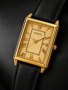 1PC Men's Classic Vintage Gold Rectangular Quartz Wrist Watch, Roman Numeral Dial With Date Display, Black PU Leather Strap Fashion Casual Men's Watch, Birthday Father's Day Christmas Gift - Black Gold - View 6