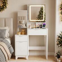 Dressing Table Set With Mirror And Stool, Adjustable LED Light Vanity Table, 3 Drawers Makeup Desk With Sliding Mirror - White - View 2