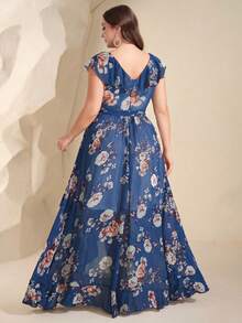 UNITHORSE 【无固定花朵】V领荷叶边领可拆卸系带不对称荷叶边下摆印花伴娘礼服 - 水鴨藍 - 查看 2