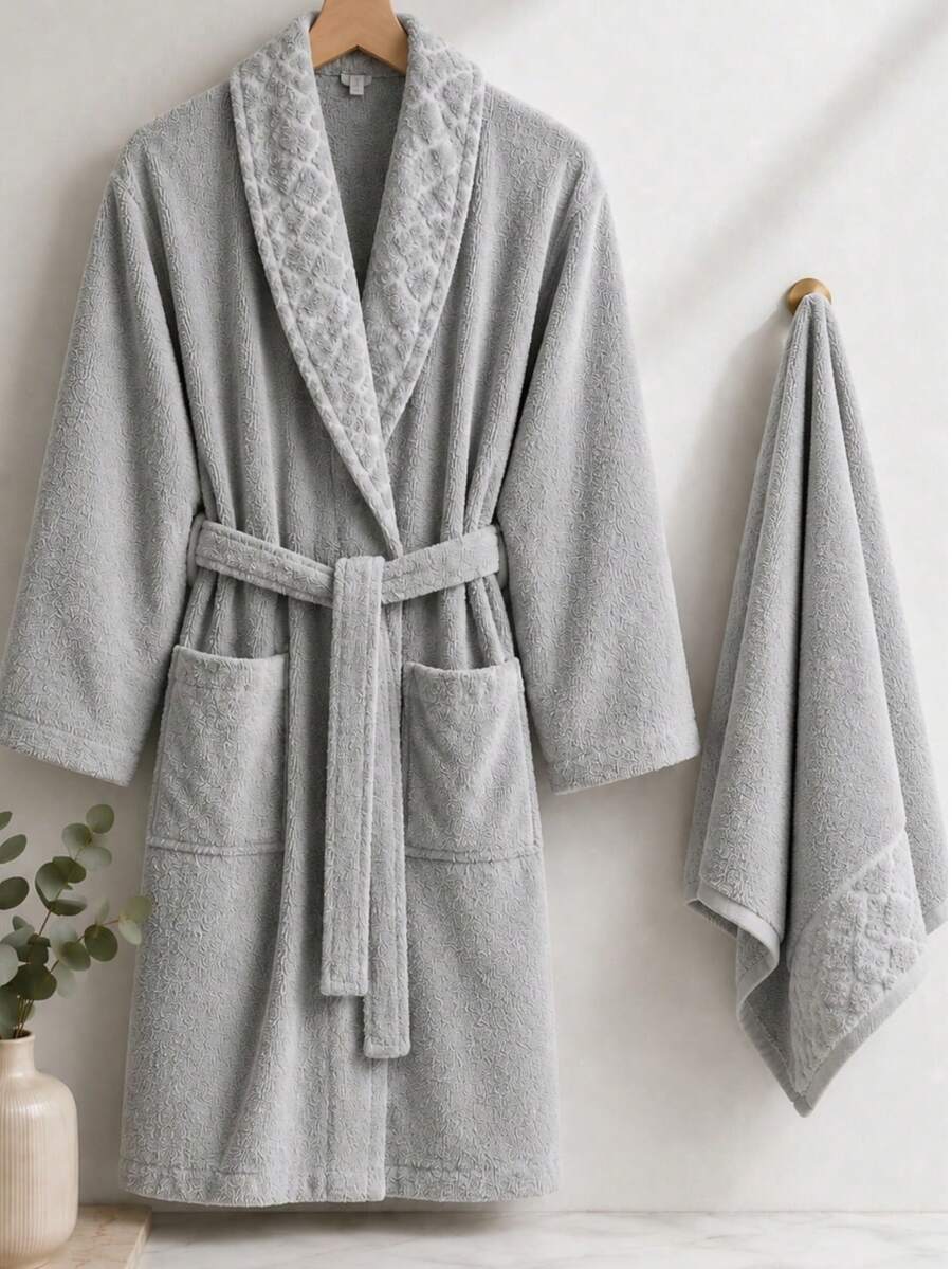Diamond Pattern Jacquard Shawl Collar Bathrobe - S/M - L/XL - Made In Turkey - Grey - View 1