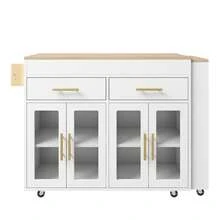 Mobile Kitchen Island With Extendable Tabletop, Cabinet With Glass Doors, White - White - View 11
