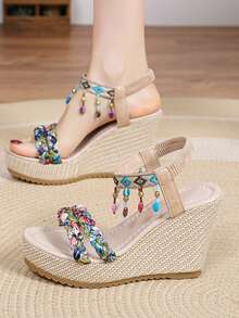 Shiny Rhinestone Bow Silver Elegant Pointed Toe Slimming Women's High Heel Slip-On Slouchy Chunky Heel Pumps - Beige - View 2