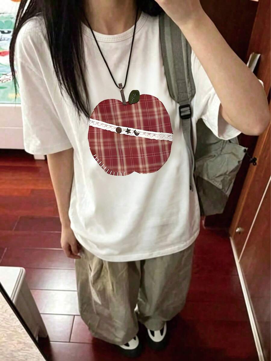 韓式女款寬鬆休閒圓領卡通蘋果水果印花短袖T恤 春夏白色