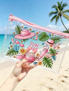 「Sun Protection」印花 PVC 化妝包，拉鍊式 PVC 旅行收納袋，輕量且耐褪色，TSA 合規易攜帶，易擦拭清潔，適合送給老師或朋友的禮物，也是學校假期旅行必備的防水盥洗包 - 彩色 - 查看 4