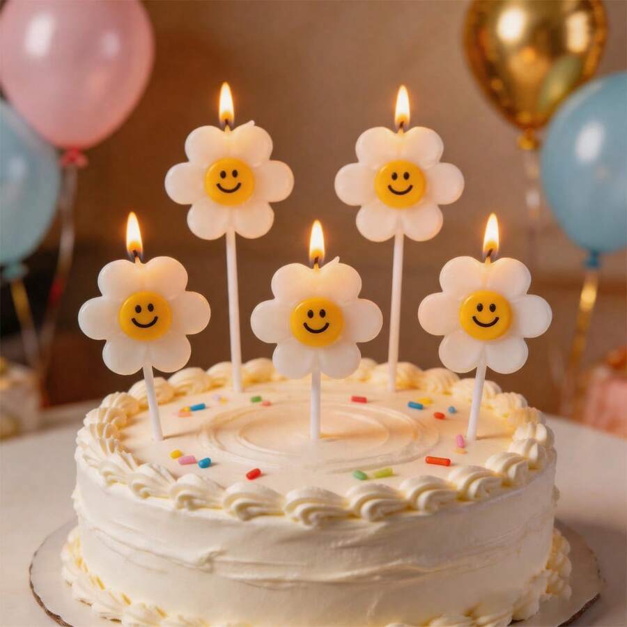 HIBIRTH 5pcs Creative Cartoon White Flower Candles Cake Decoration Cute Small Flower Candles Birthday Celebration Party Baking Plug-In