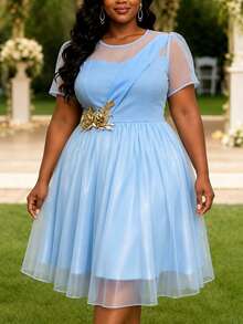 Plus Size Elegant Light Blue A Line Dress With Layered Tulle Sheer Short Sleeves Gold Applique Flowy Summer Wedding Guest Prom Party Dresses - Baby Blue - View 6