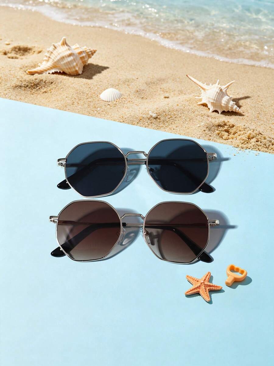 2 PCS Kid's 7-12Y Polygon Geometric Fashion Glasses Lightweight Metal Frame Soft Tinted Lenses Retro Style For Outdoor Trip With Glasses Box - Multicolor - View 1