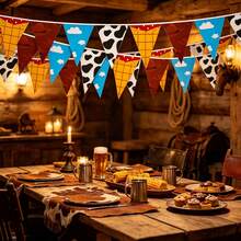 12/36/60 Pieces Of Cow-Print Denim Hats With Cloud-Shaped Triangular Flags And Paper Banners, Western Cowboy-Themed Decorative Flag Garlands - View 5