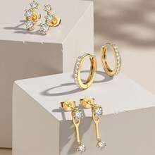 3 Pairs Hypoallergenic Earrings For Women 14K Gold Plated Stud Hoop Cartilage Earrings Set Small Earring Stacks For Sensitive Ears - Silver - View 9