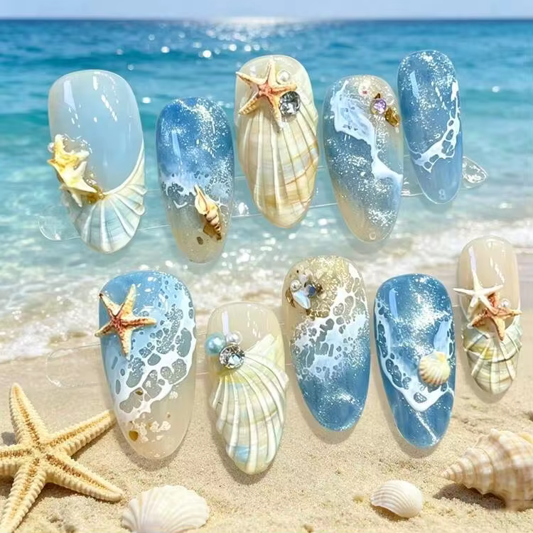 1件裝夏季清新海鹽藍海洋波浪美甲飾品，3D迷你海星貝殼水鑽杏仁形美甲尖端，裸色漸層冰透手工美甲飾品，適合海灘度假、日常出遊、派對約會、宿舍穿搭、節日精緻禮物、旅行必備 - 查看 3