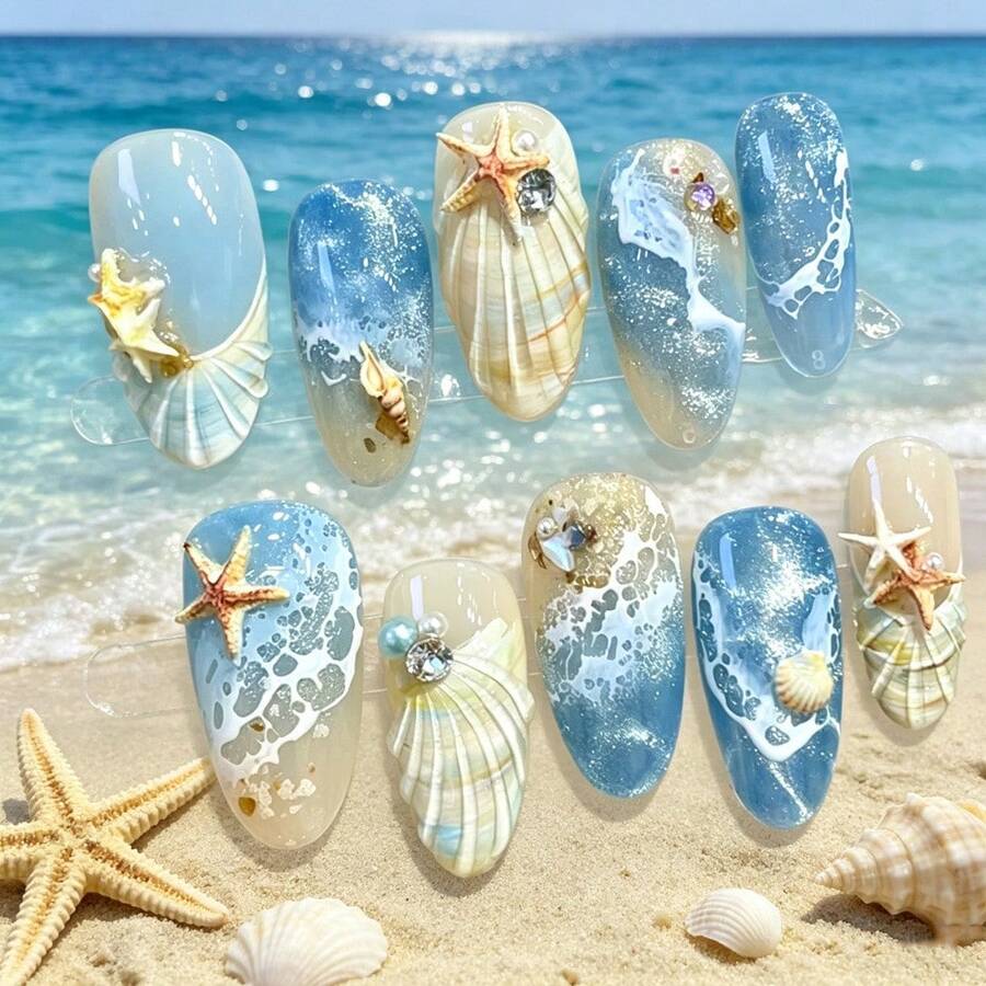 夏季清新海鹽藍海洋波浪美甲飾品,3D迷你海星貝殼水鑽杏仁形美甲貼片,裸色漸層冰透手工美甲裝飾,適合海灘度假、日常出遊、派對約會、宿舍穿搭、節慶精緻禮物、旅行必備 - 查看 1