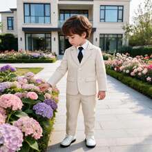 3pcs Young Boy's Suit Set (Jacket + Pants + Tie), Formal Outfit For Piano Performance, Wedding, Ceremony - كاكي - مشاهدة 1