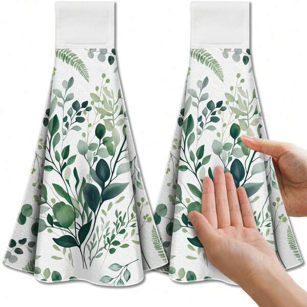 Watercolor Green Leaves Hanging Kitchen Towels With Loop, Set Of 2 - Soft & Super Absorbent Microfiber Decorative Hanging Dish & Hand Towel, Tea Coffee Towel For Kitchen Bathroom Oven Handle