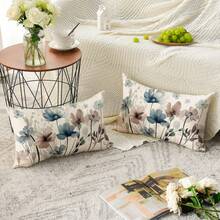 1pc/2Pcs Watercolor Blue Brown Floral Lumbar Pillow Covers, Vintage Neutral Wild Flower Print Rectangular Cushion Cases, Minimalist Farmhouse Decorative Throw Pillow Covers Without Insert For Sofa Couch Bedroom Home Decor - Dusty Blue - View 10