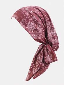 2pcs Women's Cashew Flower Ribbon Headscarf Hat Hair Protection Hair Loss Cap Tie Headband Suitable For Daily Use - Black/Wine Red - View 3