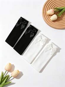 2 paires de chaussettes montantes simples et polyvalentes pour filles, combinaison noir et blanc, décor nœud, chaussettes mignonnes et douces pour le port quotidien, s'accordent avec la jupe d'uniforme scolaire, la jupe JK, chaussettes pour toutes les saisons printemps et automne. Convient pour 6-8 ans, 8-12 ans, 12-14 ans, adolescents - Multicolore - Voir 6
