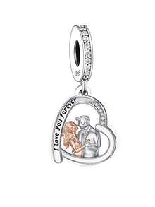 1pc S925 Sterling Silver Zirconia Inlaid Dual-Color Hugging Couple Heart Pendant Engraved "I Love You Forever" DIY Versatile Bracelet Beads - Silver - View 2
