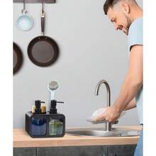 4-In-1 Kitchen Soap Dispenser Set - Dual Pump Hand Soap/Dish Soap Dispenser With Sponge Holder And Brush Holder, Practical Kitchen/Bathroom Soap Dispenser, Creative Kitchen Soap Dispenser, Kitchen Organizer, Countertop Soap Pump, Dish Soap Dispenser, Bathroom Soap Dispenser, Sink Organizer, Refillable Soap Bottle, Soap Container, Kitchen Accessories, Bathroom Accessories, Home Storage, Modern Home Decor, Spring Decor, Back To School Decor - Black - View 5