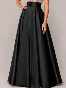 Autumn/Winter Elegant Women's Long Black Woven A-Line Full Skirt, Suitable For Formal Occasions, Balls Or As Evening Gown Bottom, Minimalist Satin Evening Skirt For Annual Meeting, Banquet, Versatile Fashion Pleated Skirt - Black - View 3
