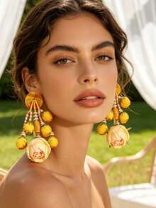 Handmade Pink Fabric Rose Bud Tassel Earrings, Summer Beach Vacation Style Marble Pattern Resin Disc Multi-Layer Mixed Bead Pendant Exaggerated Earrings, For Women - Multicolor 2 - View 4