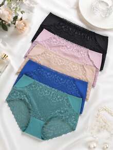 5pcs/Pack Multi-Color Mid-Waist Sheer Floral Lace Panties, Elastic Wavy Edge Lightweight Women's Triangle Briefs - Multicolor - View 4