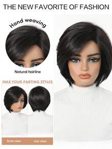 8 Inch Straight Low Curvature Heat Resistant Synthetic Bob Wig Natural Black Layered Side Part Short Wigs For Women Daily Office Wear - Multicolor - View 3